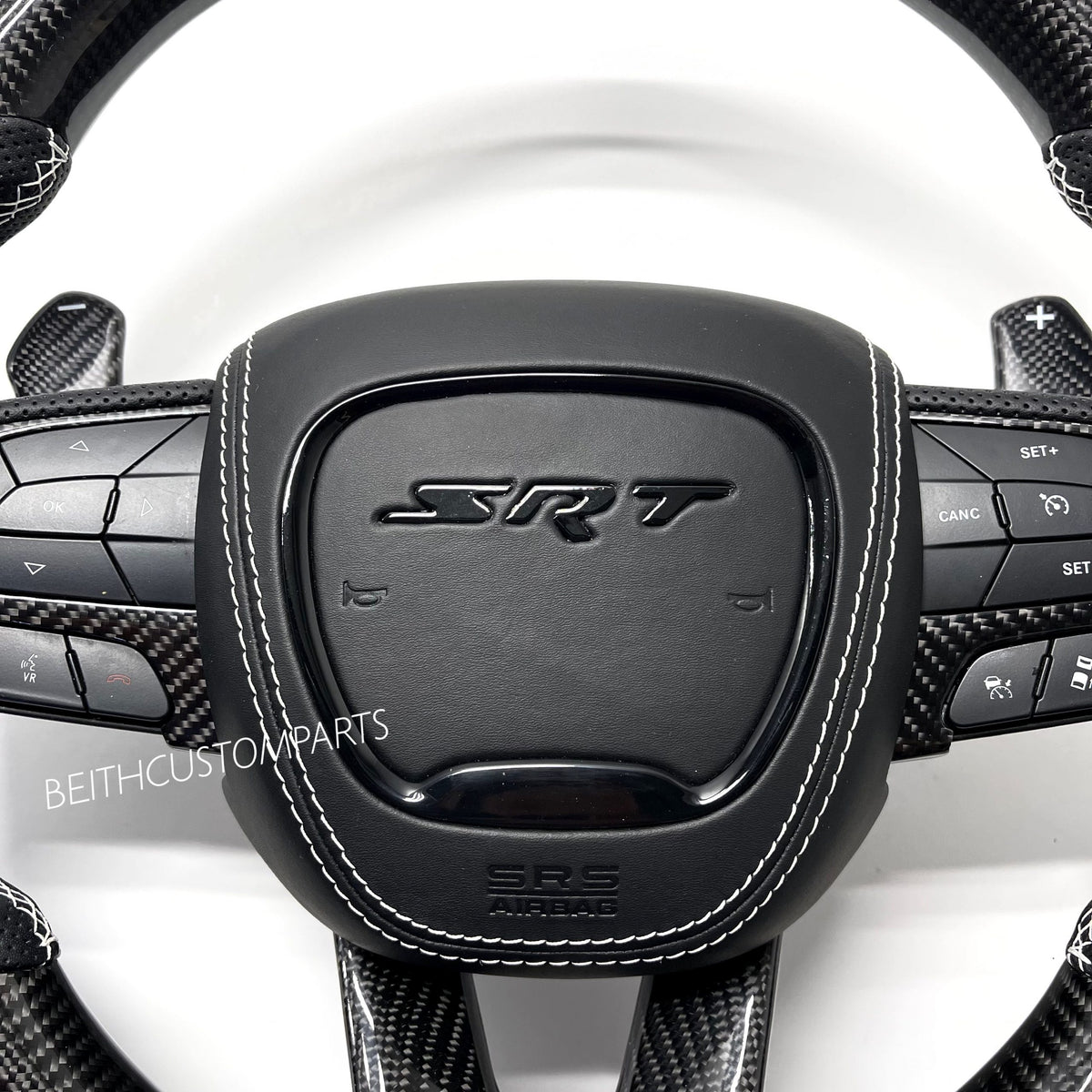 2015+ Dodge Hellcat / 2014+ Jeep SRT – Carbon – White Stitching
