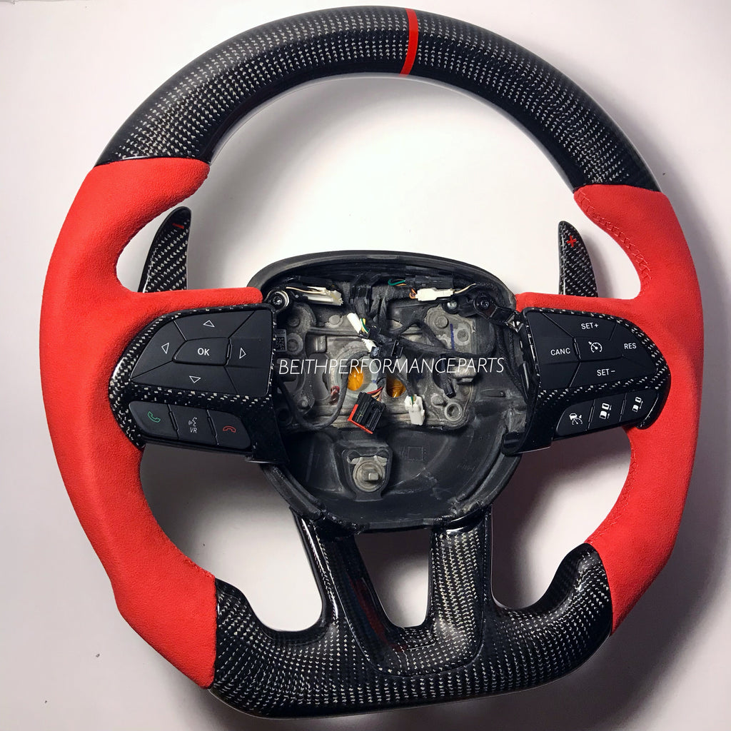2015+ Dodge Charger/Challenger – Carbon – Red Alcantara Suede , Red Stitching