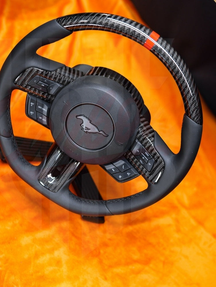 2015-2023 Mustang S550 Gloss Wide Carbon Fiber Steering Wheel With Strip