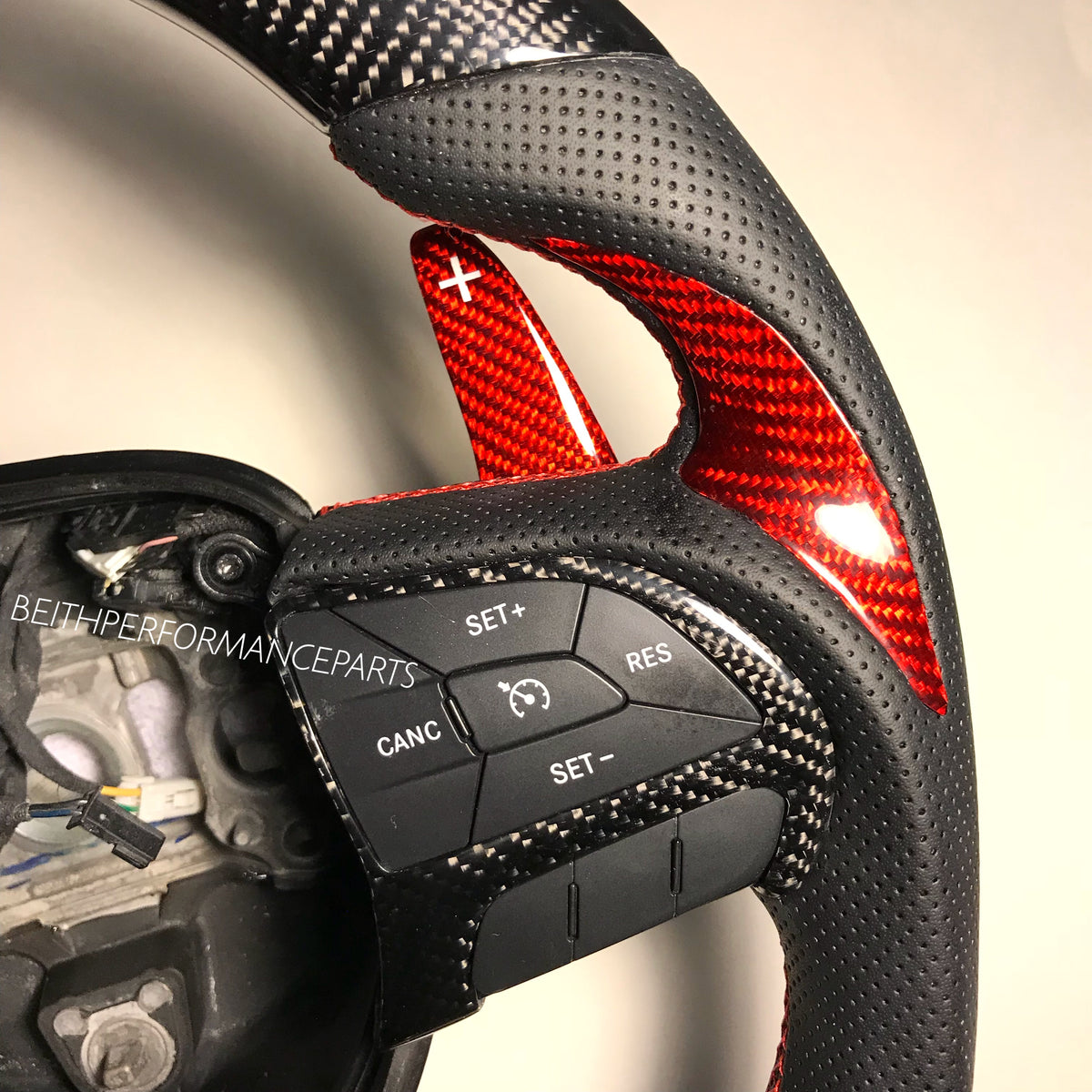 2015+ Dodge Charger/Challenger – Carbon – Red Stitch, Red Stripe – Red Carbon Paddles!