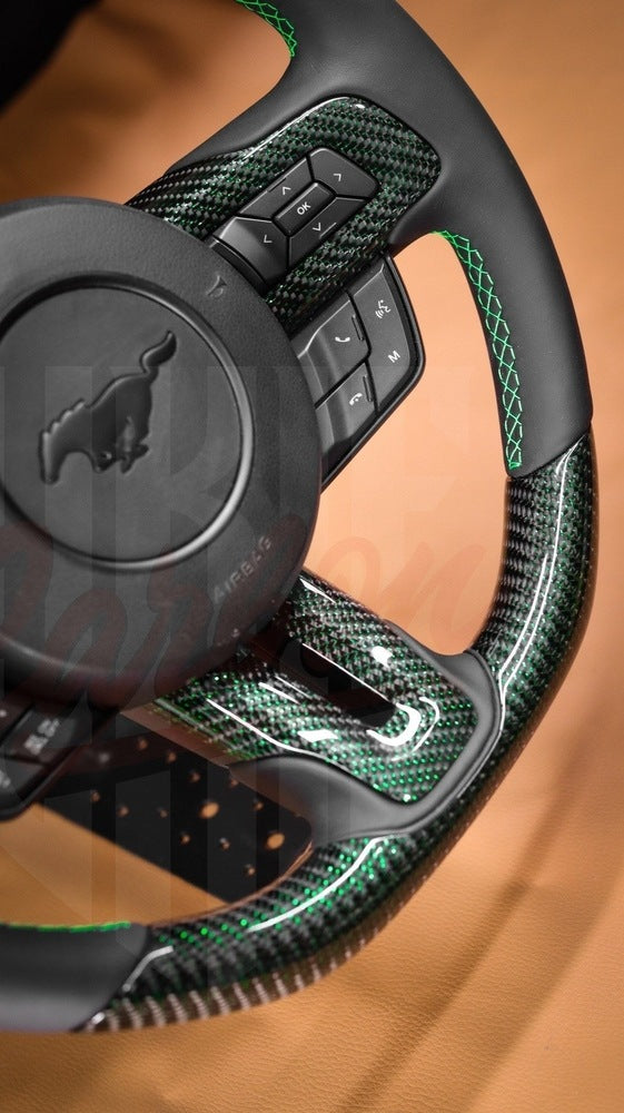 2015-2023 Mustang S550 GREEN REFLECTED CARBON FIBER Steering Wheel