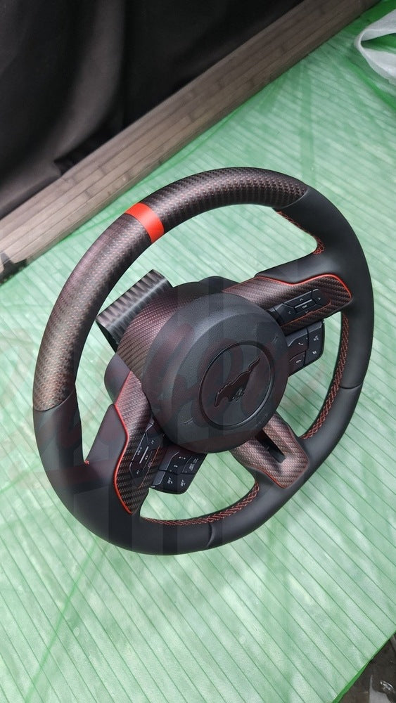2015-2023 Mustang S550 Reflective Red Matte Carbon Fiber Steering Wheel