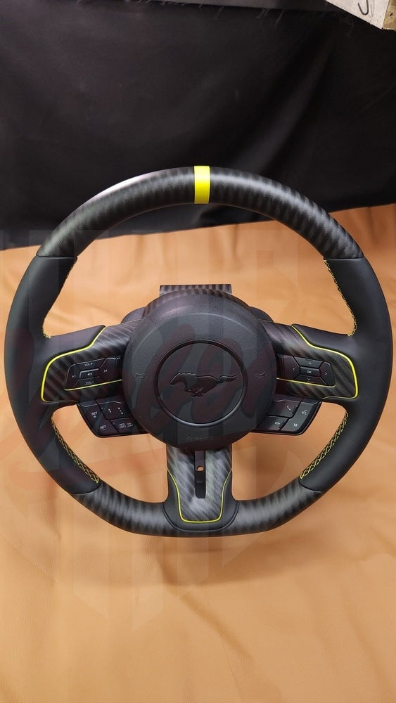 2015-2023 Mustang S550 4x4 Twill Matte Carbon Fiber Steering Wheel | with Racing stripe