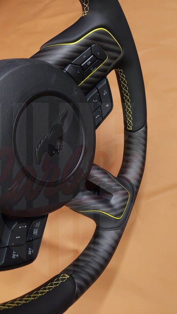 2015-2023 Mustang S550 4x4 Twill Matte Carbon Fiber Steering Wheel | with Racing stripe