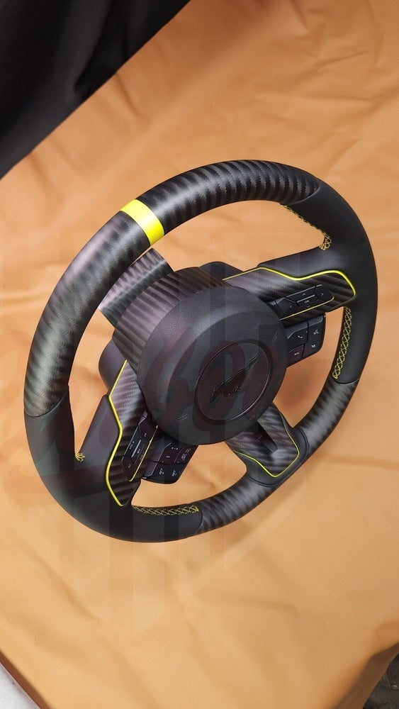 2015-2023 Mustang S550 4x4 Twill Matte Carbon Fiber Steering Wheel | with Racing stripe