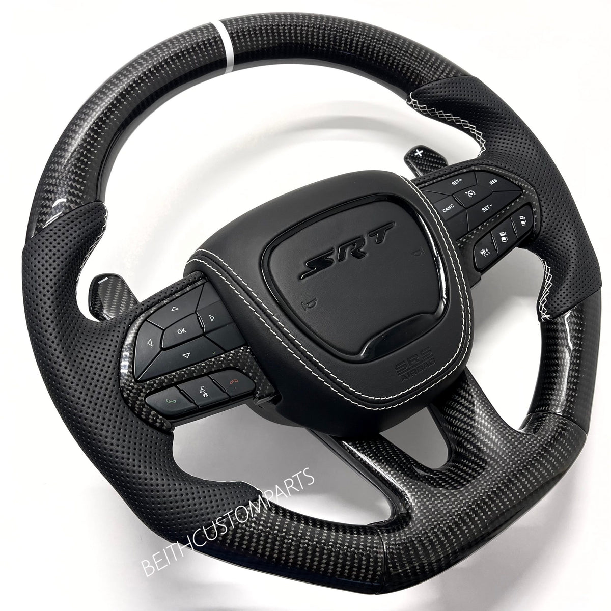 2015+ Dodge Hellcat / 2014+ Jeep SRT – Carbon – White Stitching