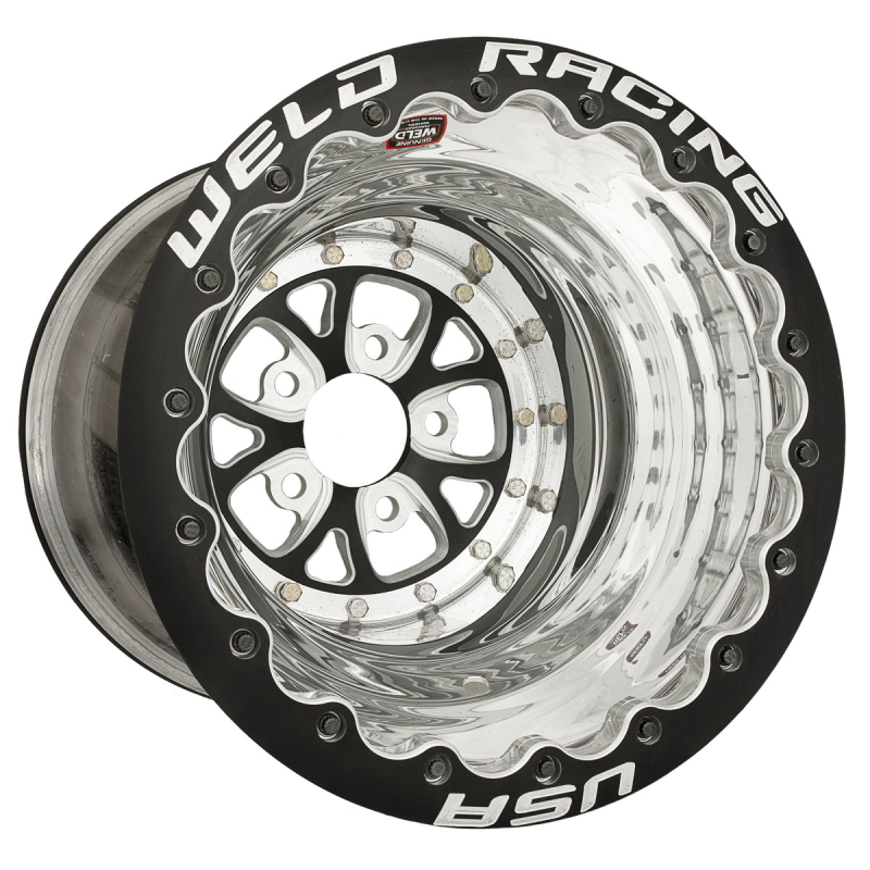 Weld V-Series 15x9 / 5x4.75 / 3 BS / 3.18 HB - Black Center - Polished Shell - Black DBL MT Wheel
