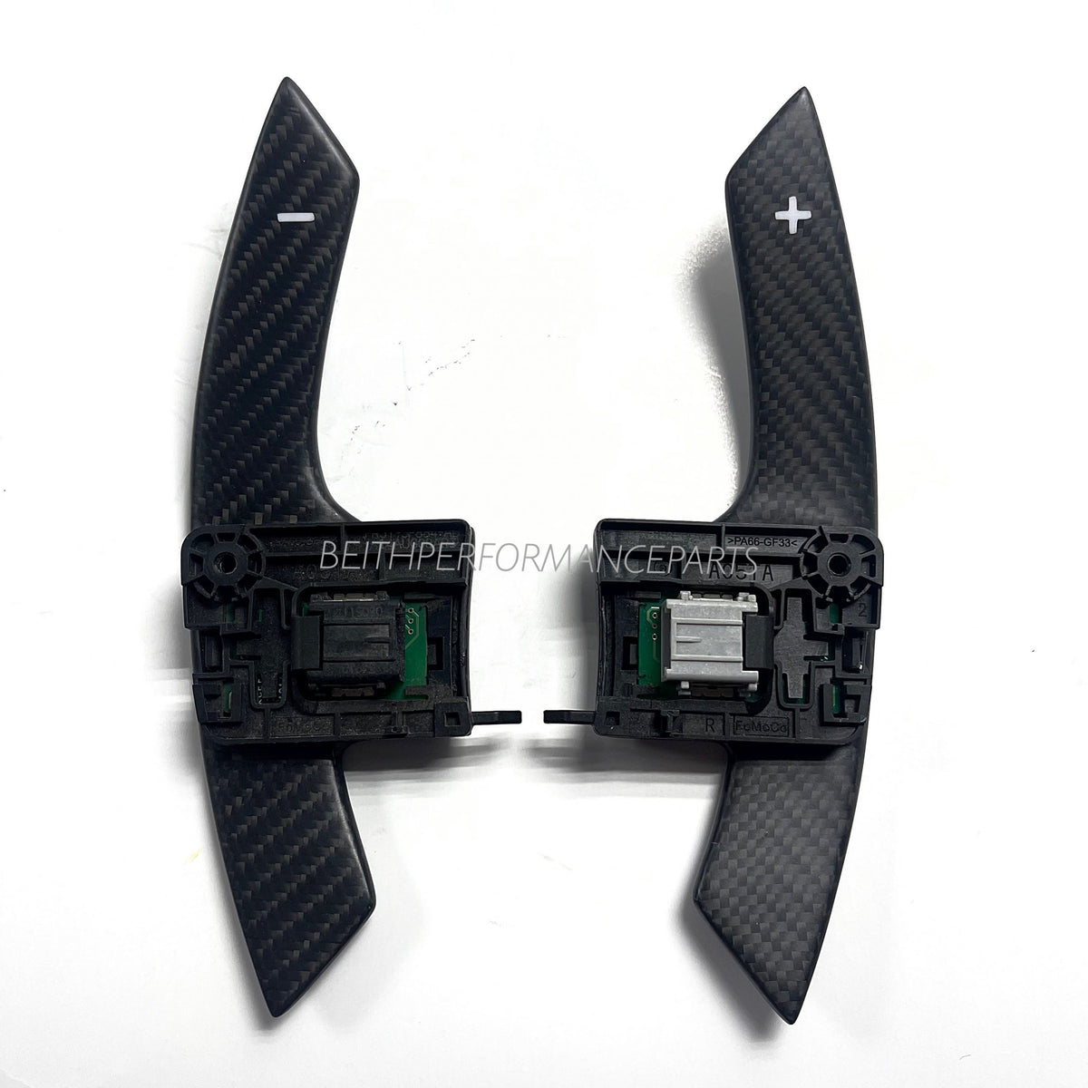 2015+ Ford Mustang – Custom Matte Carbon Paddle Shifters (White Symbols)