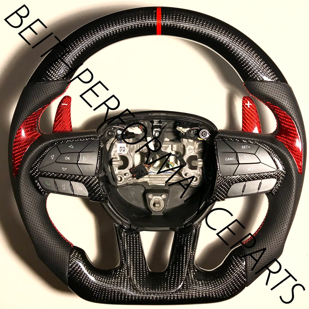2015+ Dodge Charger/Challenger – Carbon – Red Stitch, Red Stripe – Red Carbon Paddles!