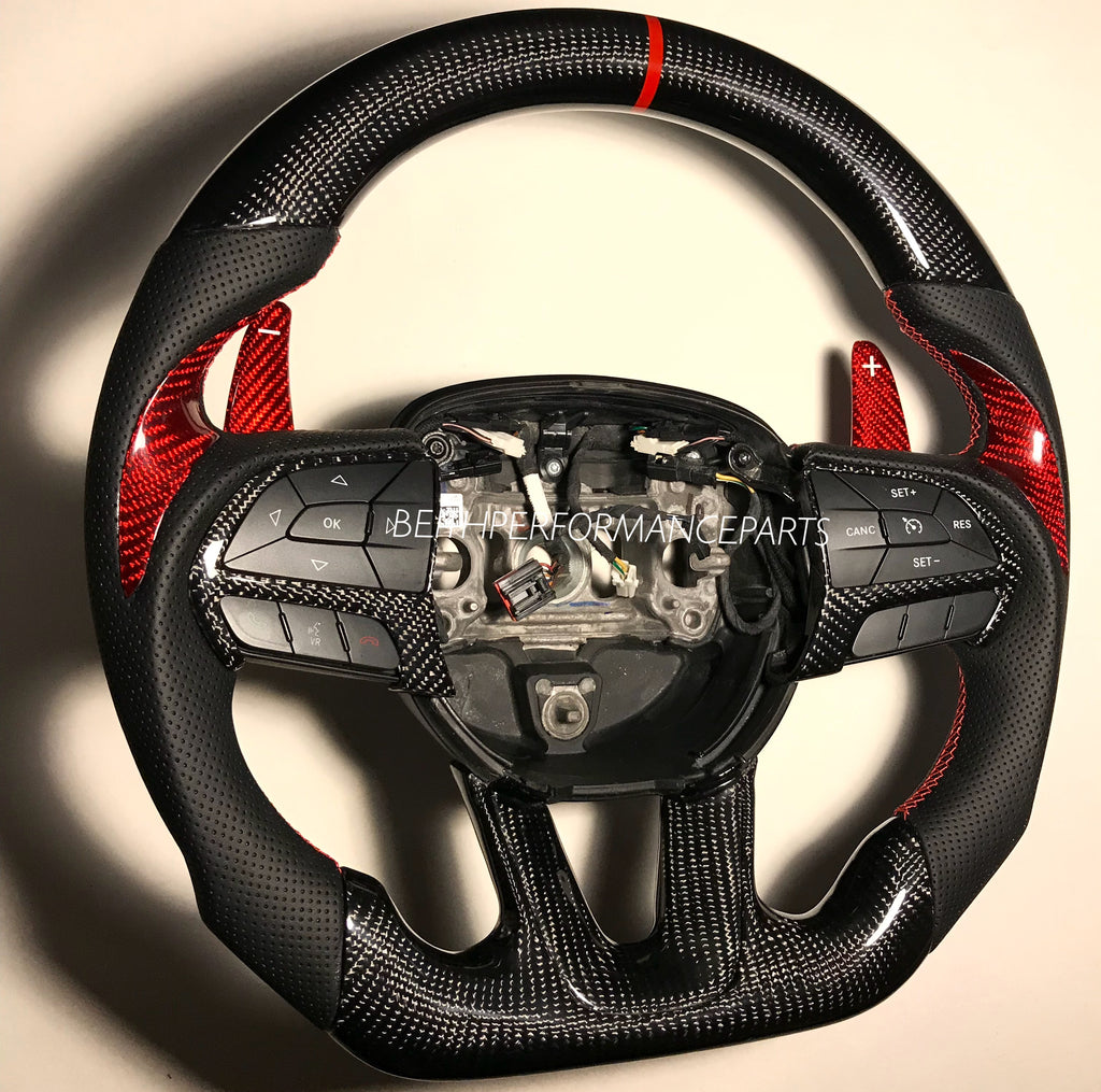 2015+ Dodge Charger/Challenger – Carbon – Red Stitch, Red Stripe – Red Carbon Paddles!