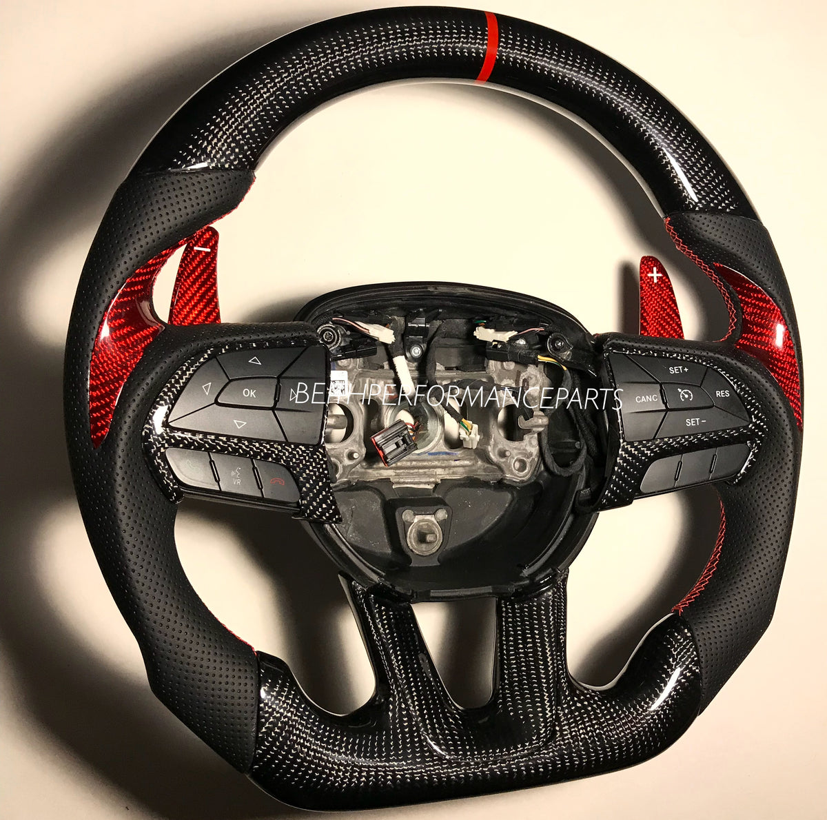 2015+ Dodge Charger/Challenger – Carbon – Red Stitch, Red Stripe – Red Carbon Paddles!