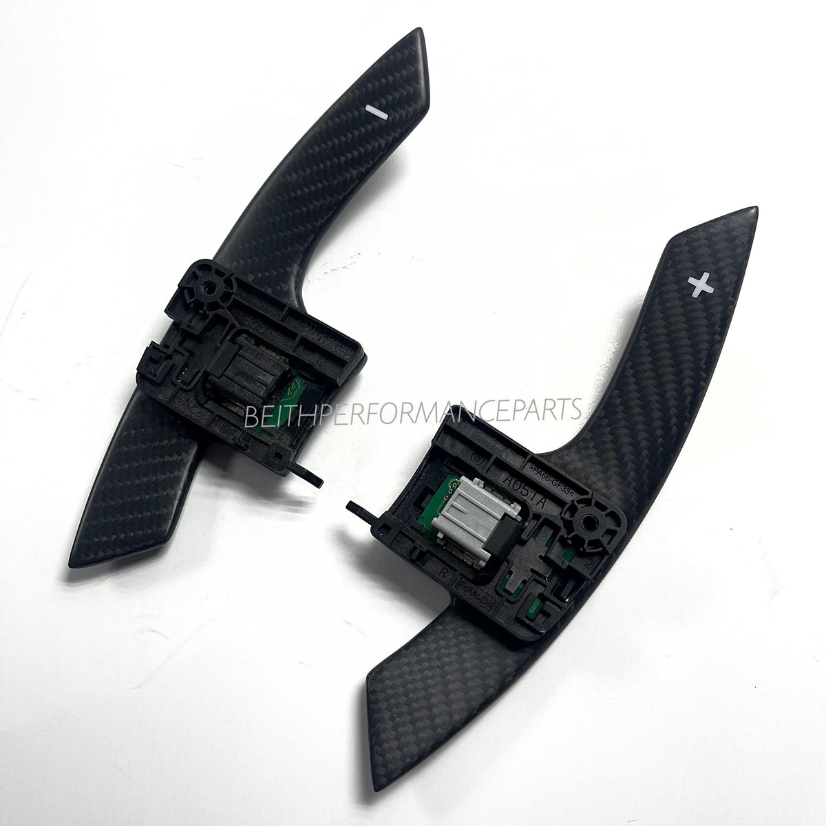 2015+ Ford Mustang – Custom Matte Carbon Paddle Shifters (White Symbols)