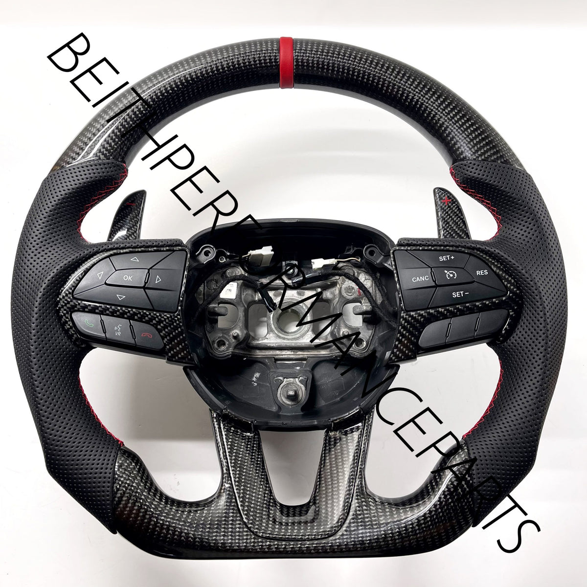 2015+ Dodge Charger / Challenger – Carbon – Red Stitching, Red Leather Stripe