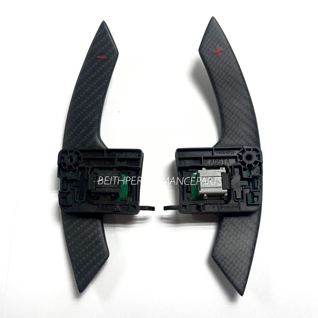 2015+ Ford Mustang – Custom Matte Carbon Paddle Shifters (Red Symbols)