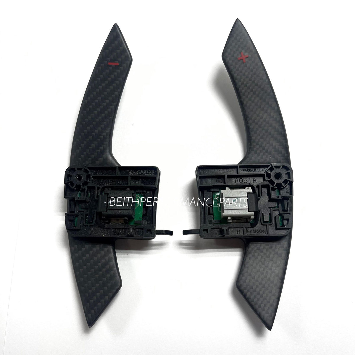 2015+ Ford Mustang – Custom Matte Carbon Paddle Shifters (Red Symbols)