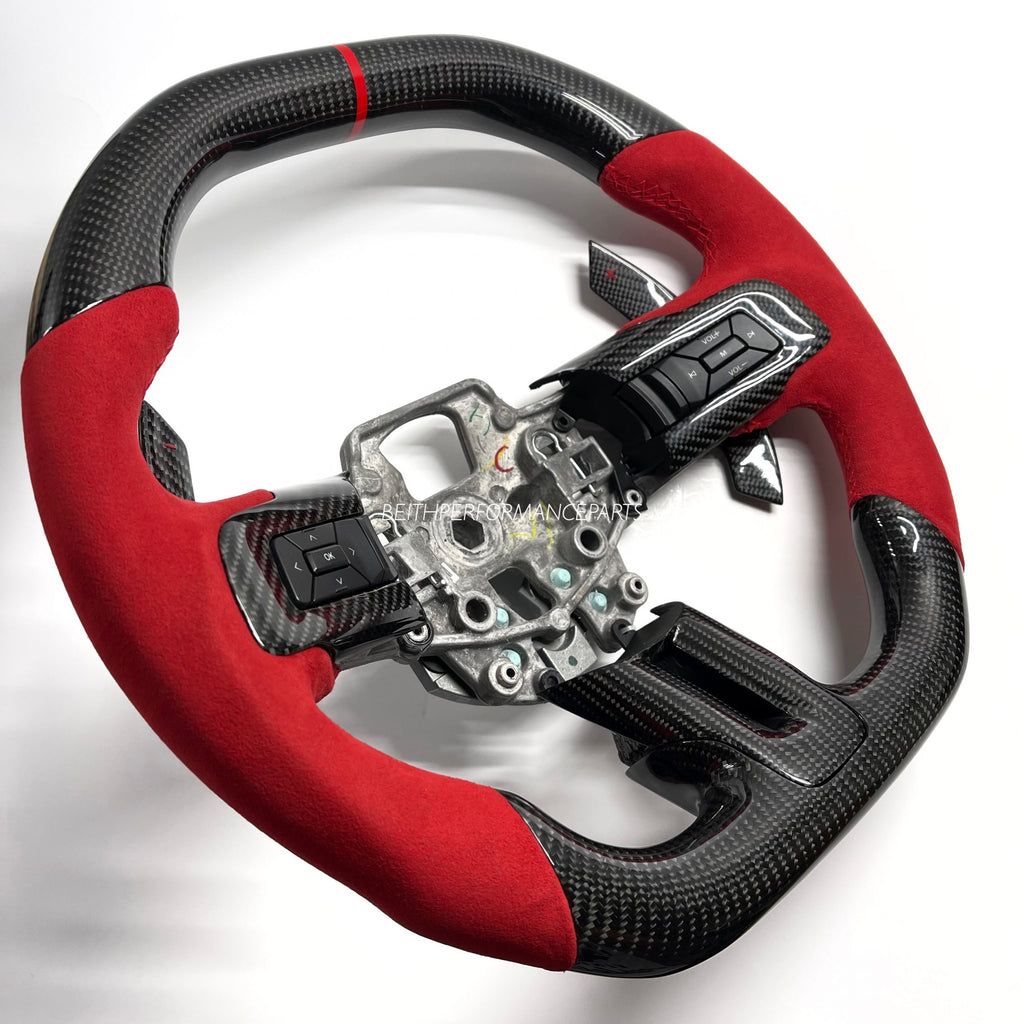 2018+ Ford Mustang- Carbon – Red Alcantara, Custom Paddle Shifter