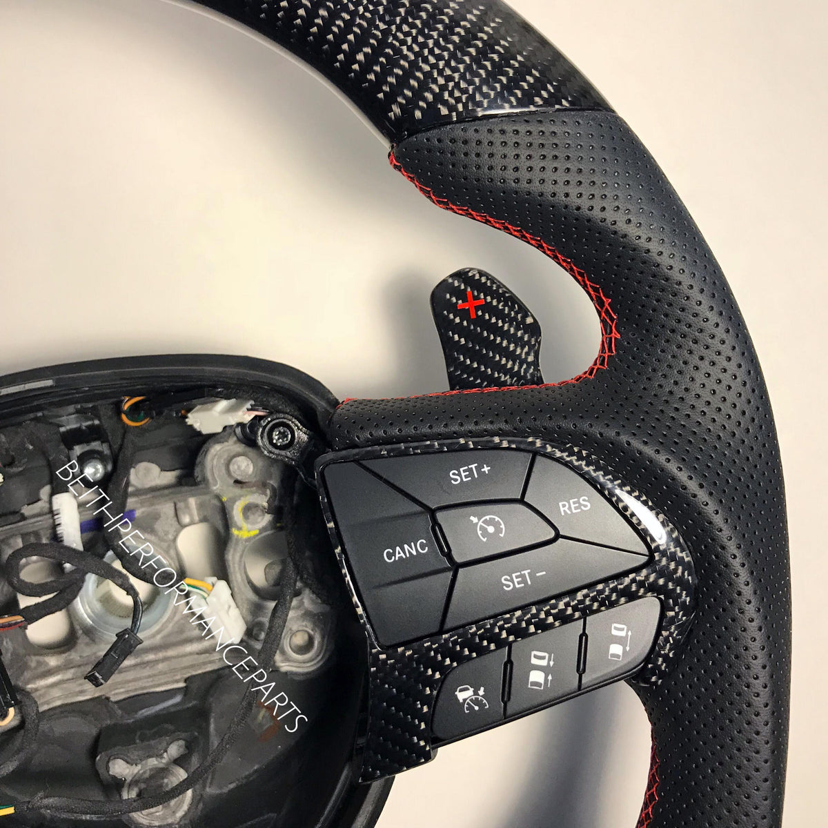 2015+ Dodge Charger/Challenger – Carbon – Red Stitching, Red Stripe, Carbon Hellcat Paddles!
