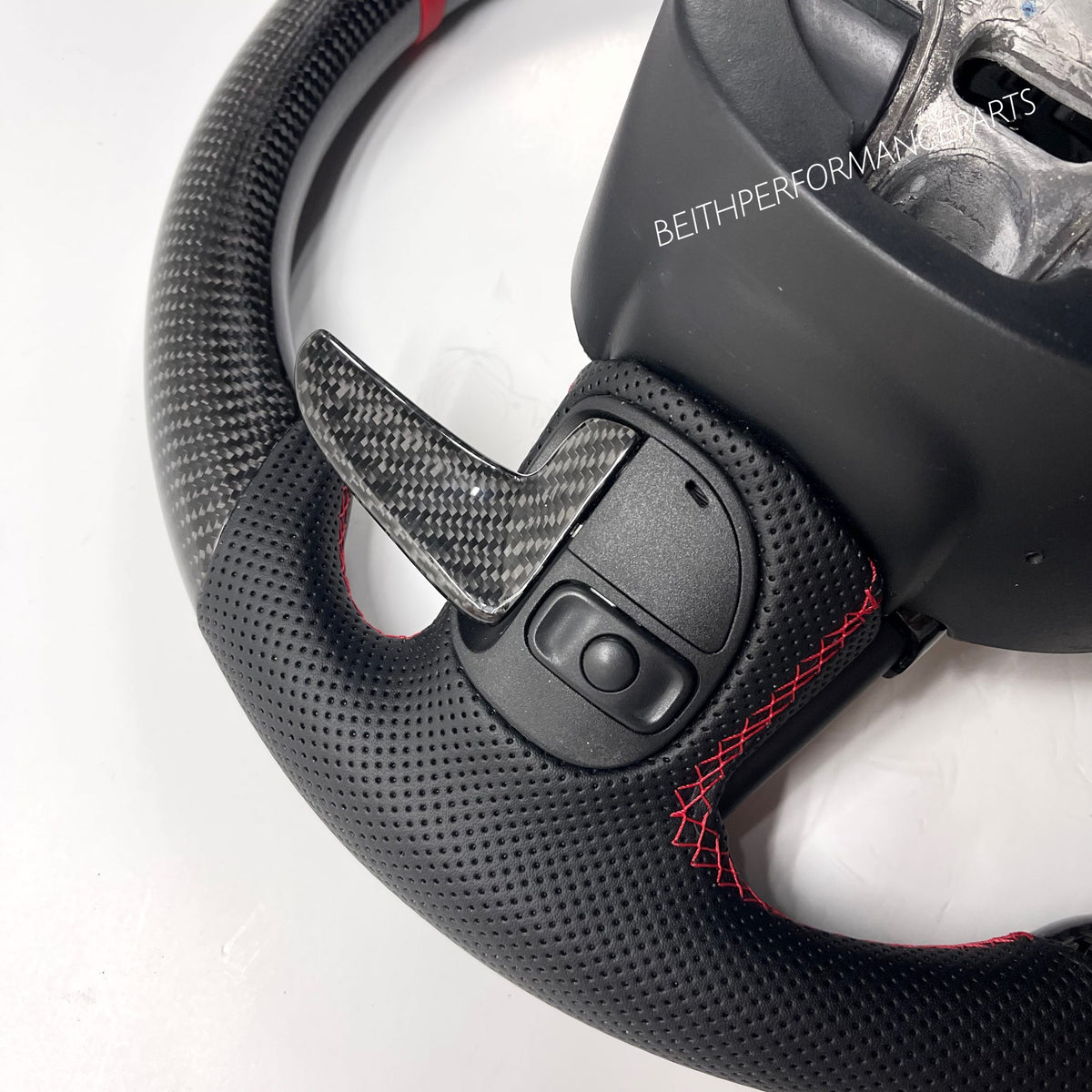 2015+ Dodge Charger / Challenger – Carbon – Red Stitching, Red Leather Stripe