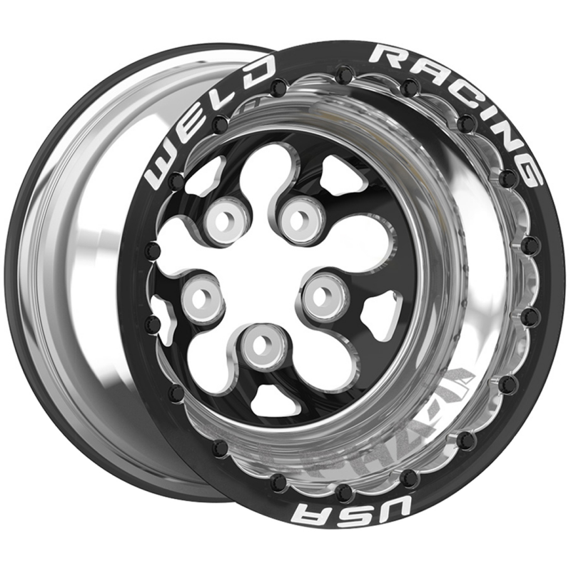 Weld Alpha-1 15x10 / 5x4.75 / 3 BS / 3.18 HB - Black Center - Polished Shell - Black SBL MT Wheel