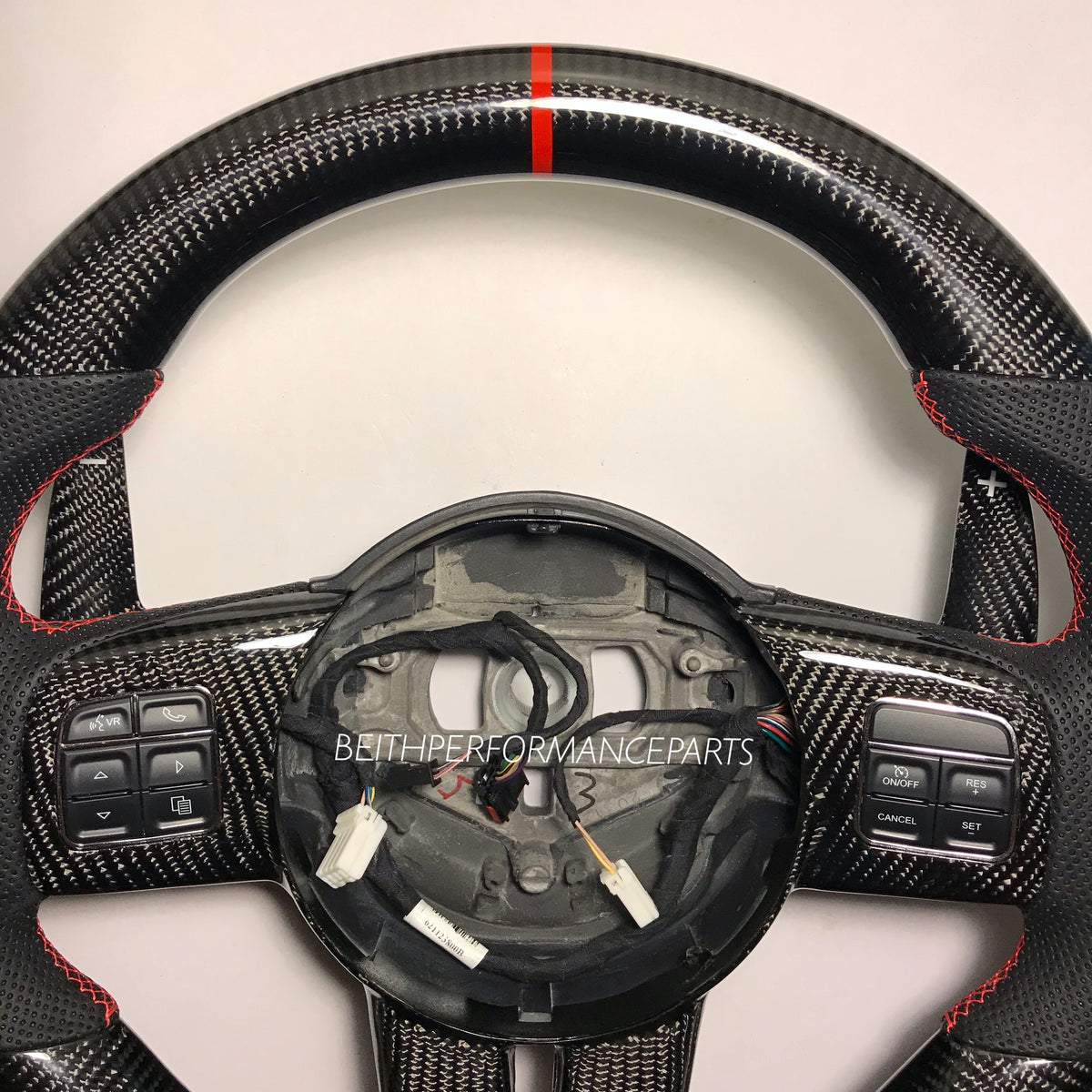 2012-14 Dodge Challenger SRT-8 – Carbon – Black Stitch, Red Stripe – Custom Paddles!