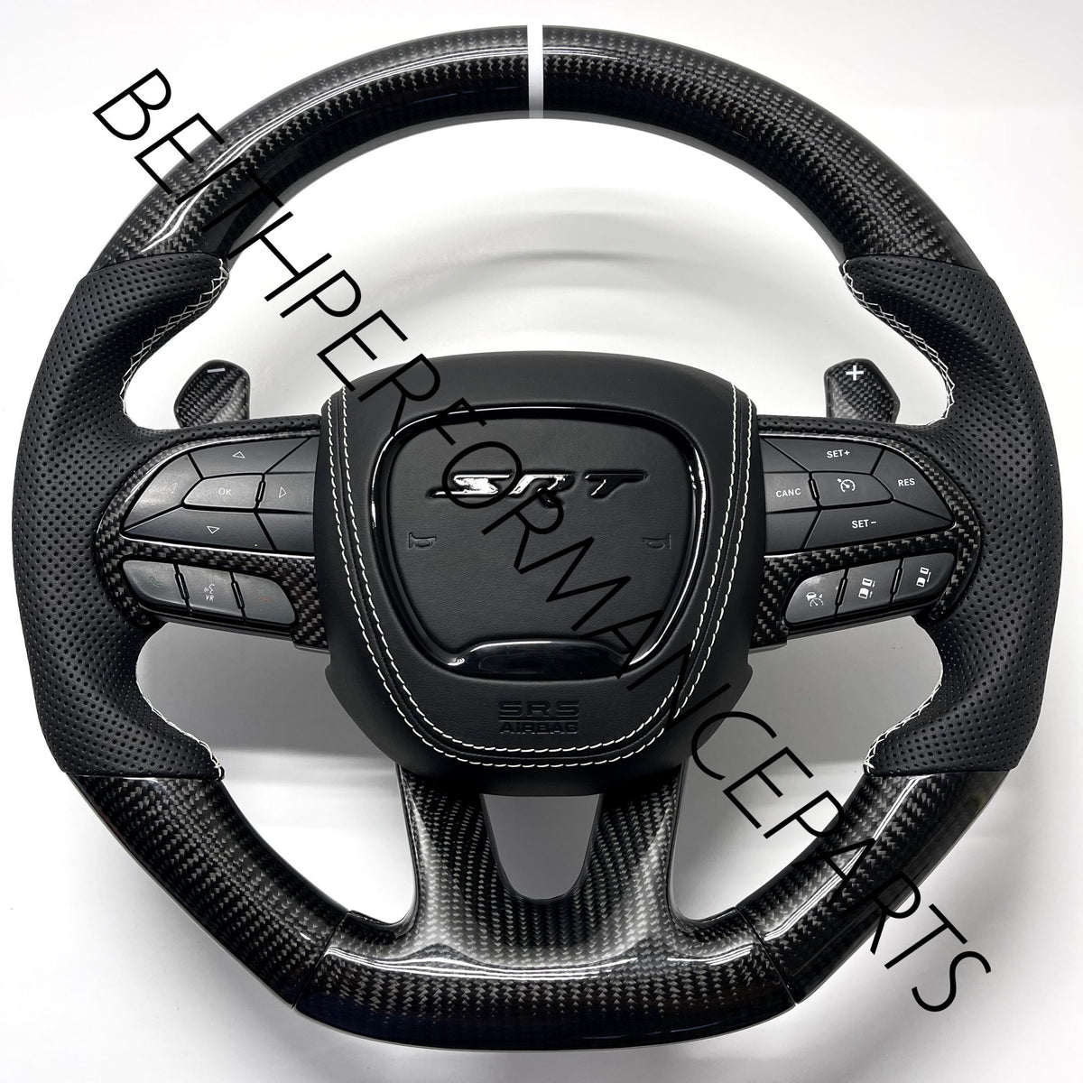 2015+ Dodge Hellcat / 2014+ Jeep SRT – Carbon – White Stitching