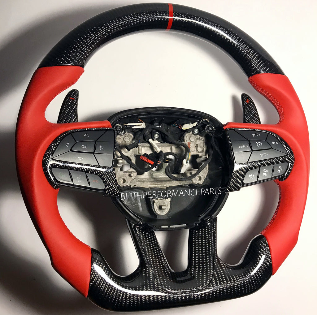 2015-2024 Dodge Charger/Challenger Carbon Fiber Steering Wheel – Red Leather & Red Stitching