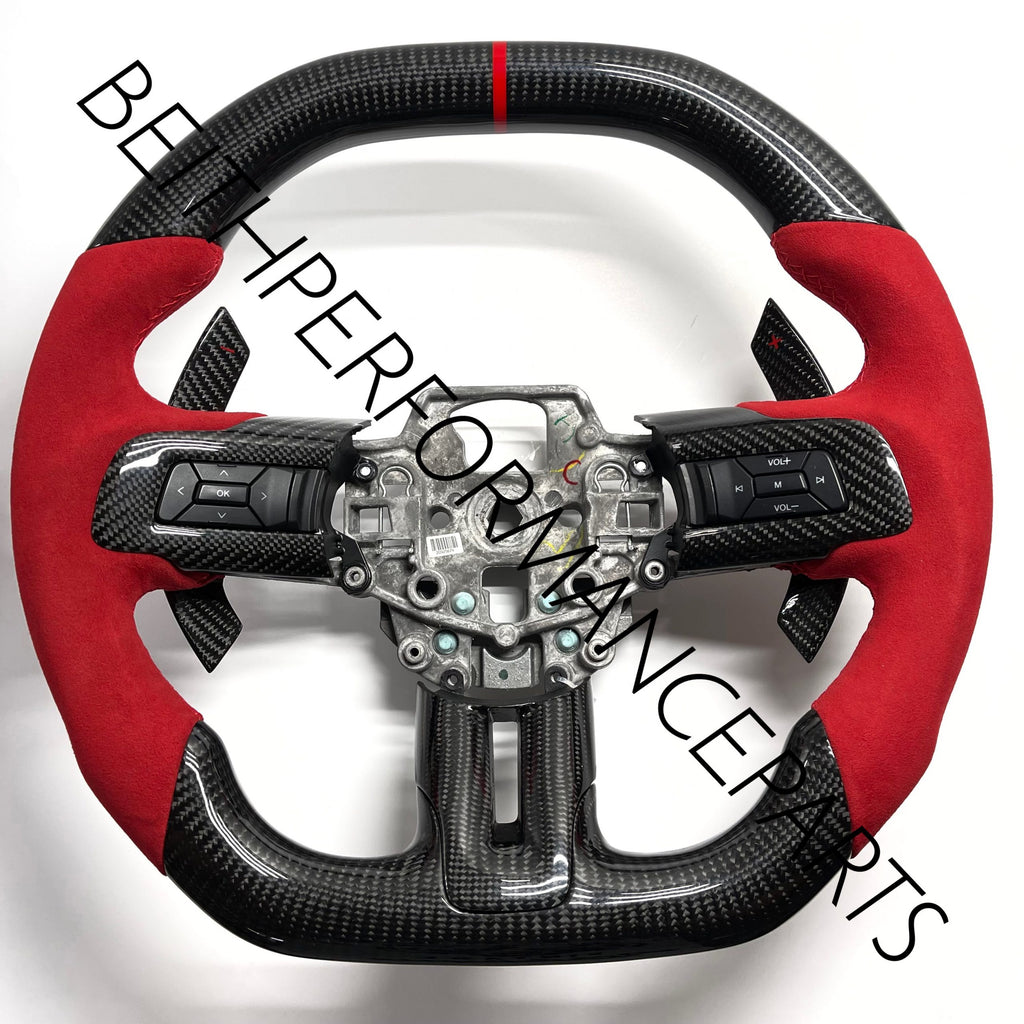 2018+ Ford Mustang- Carbon – Red Alcantara, Custom Paddle Shifter