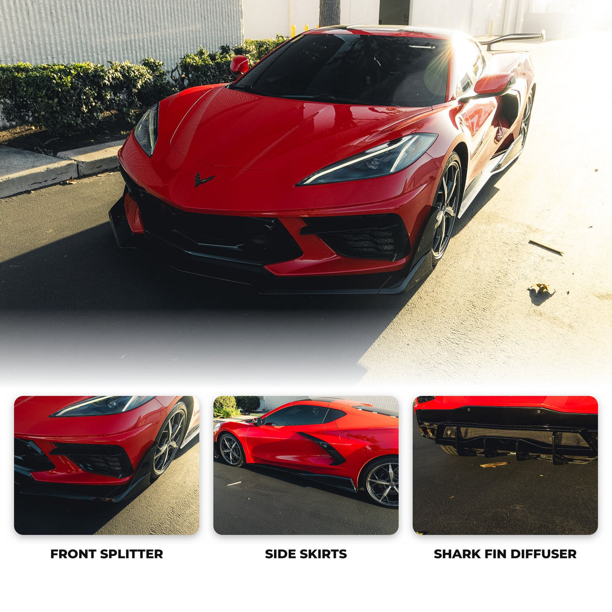 2020-2025 Corvette C8 Stingray EVO Kit Bundle - Front Splitter, Side Skirts & Shark Fin Diffuser