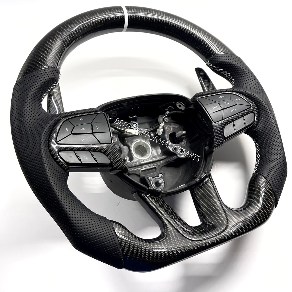 2015+ Dodge Charger/Challenger – Carbon – White Stitching , White Stripe
