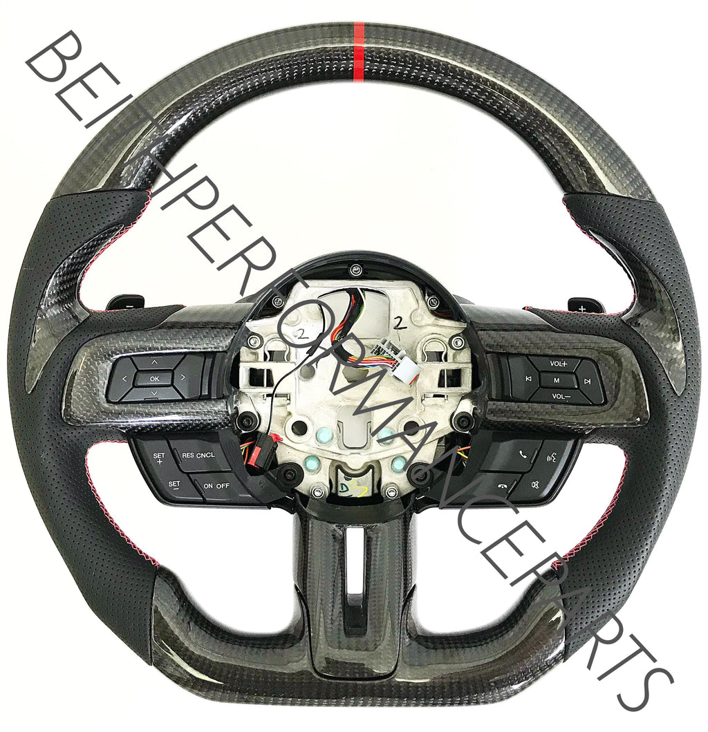 2015+ Mustang Carbon – *New Style* Carbon Bezels, Red Stitch, Red Stripe