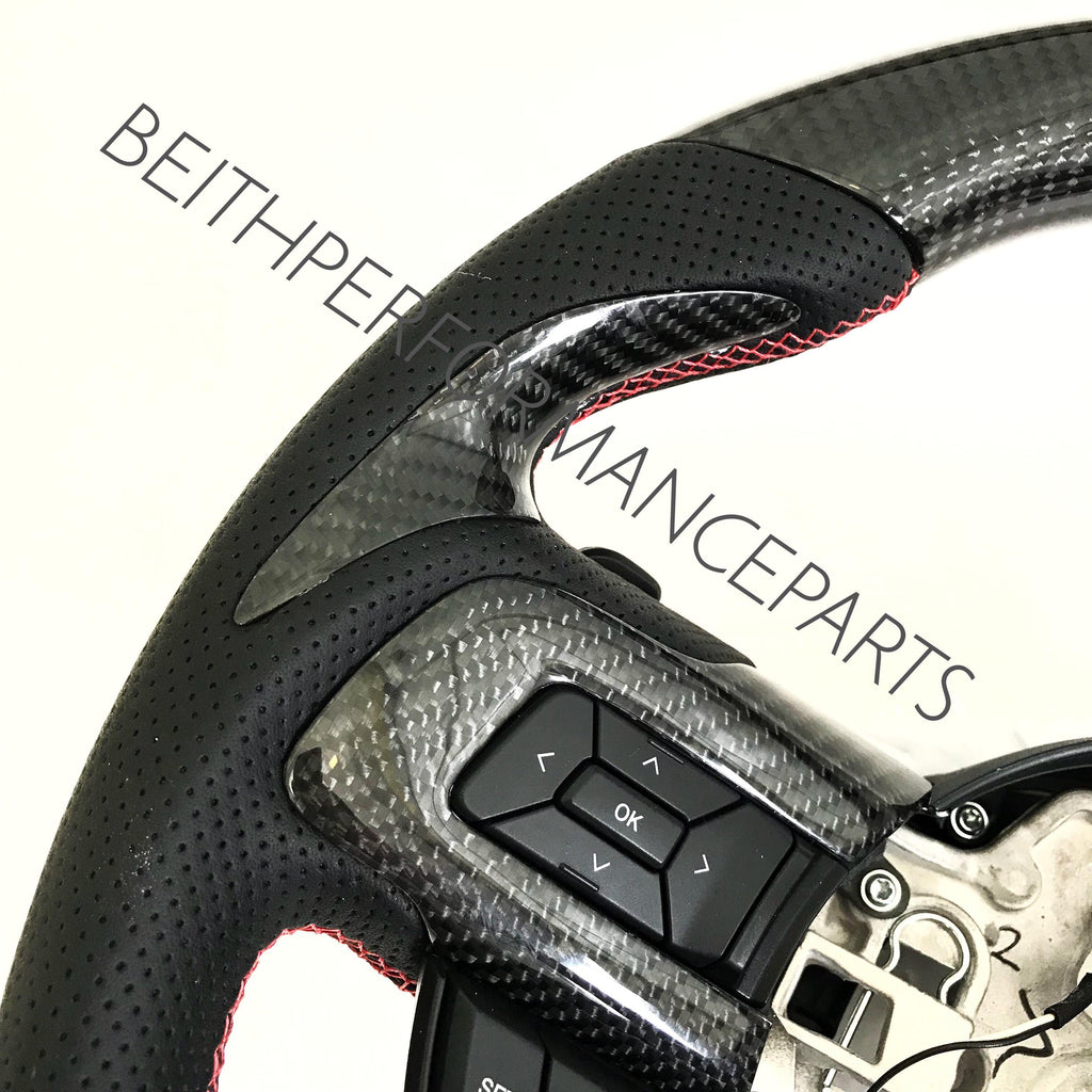 2015+ Mustang Carbon – *New Style* Carbon Bezels, Red Stitch, Red Stripe