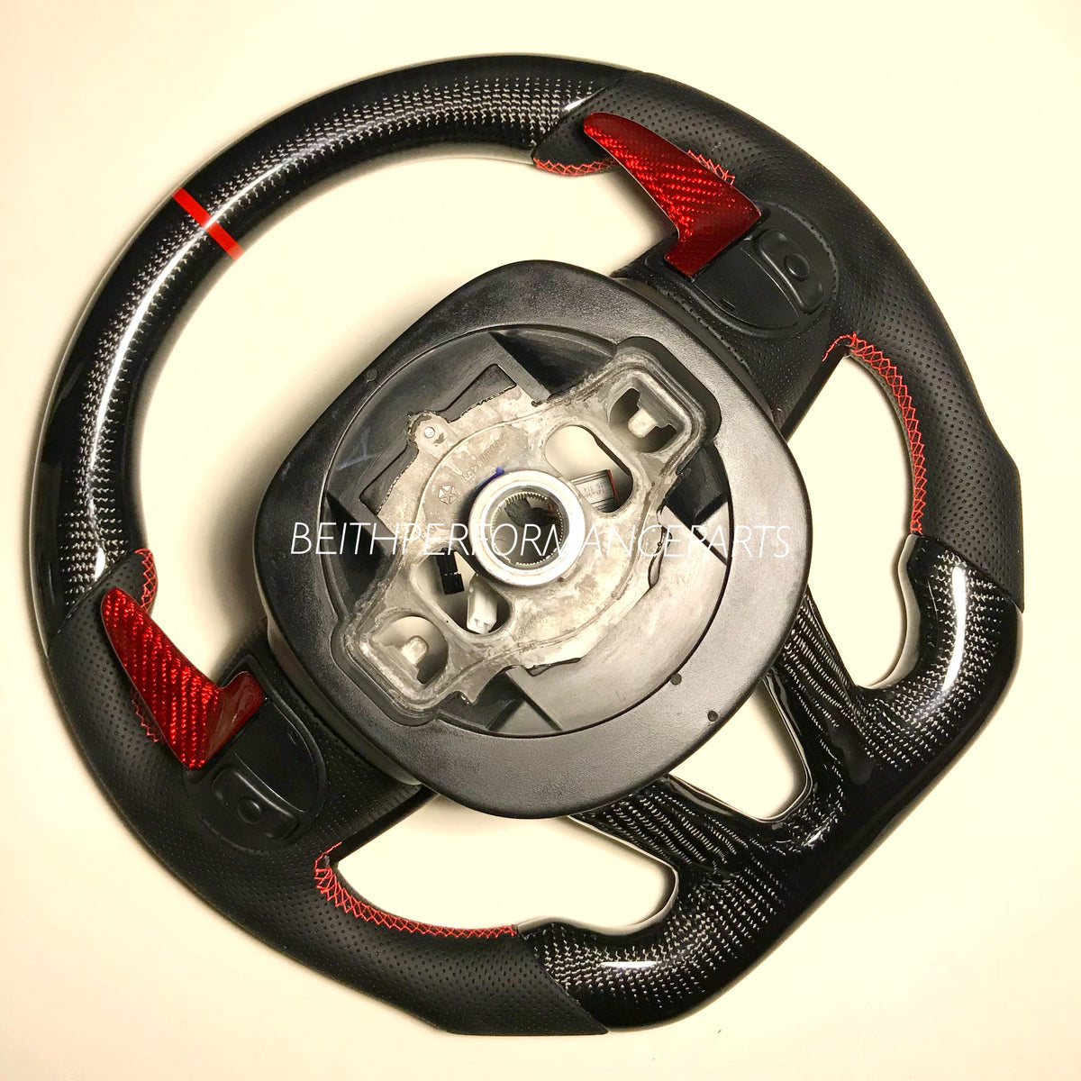2015+ Dodge Charger/Challenger – Carbon – Red Stitch, Red Stripe – Red Carbon Paddles!