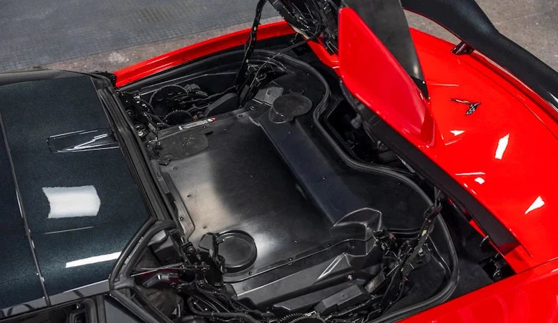 Corvette C8 Convertible Clear Engine Cover with Red Carbon Fiber Surround