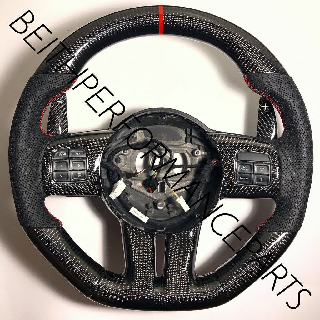 2012-14 Dodge Challenger SRT-8 – Carbon – Black Stitch, Red Stripe – Custom Paddles!